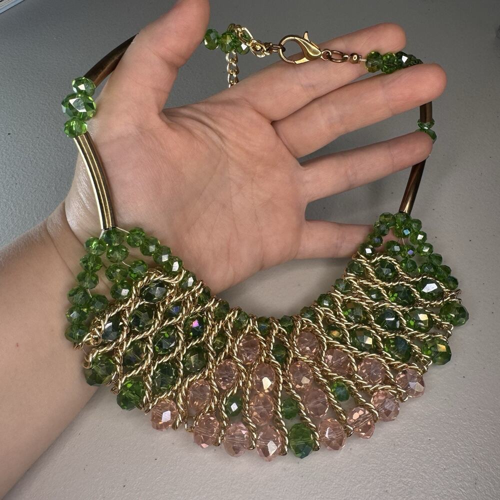 green pink glass bead bib statement necklace gold tone adjustable heavy